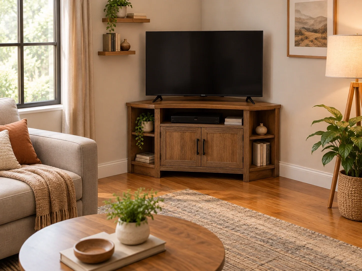 Corner TV stand designed to fit into room corners