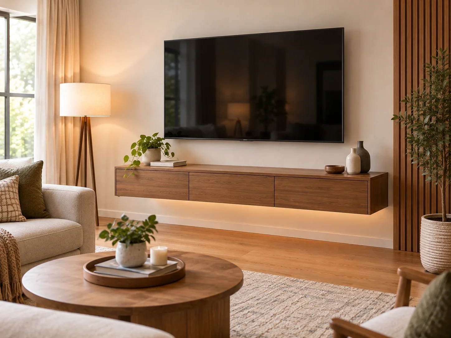 Floating TV stand mounted on wall with clean look