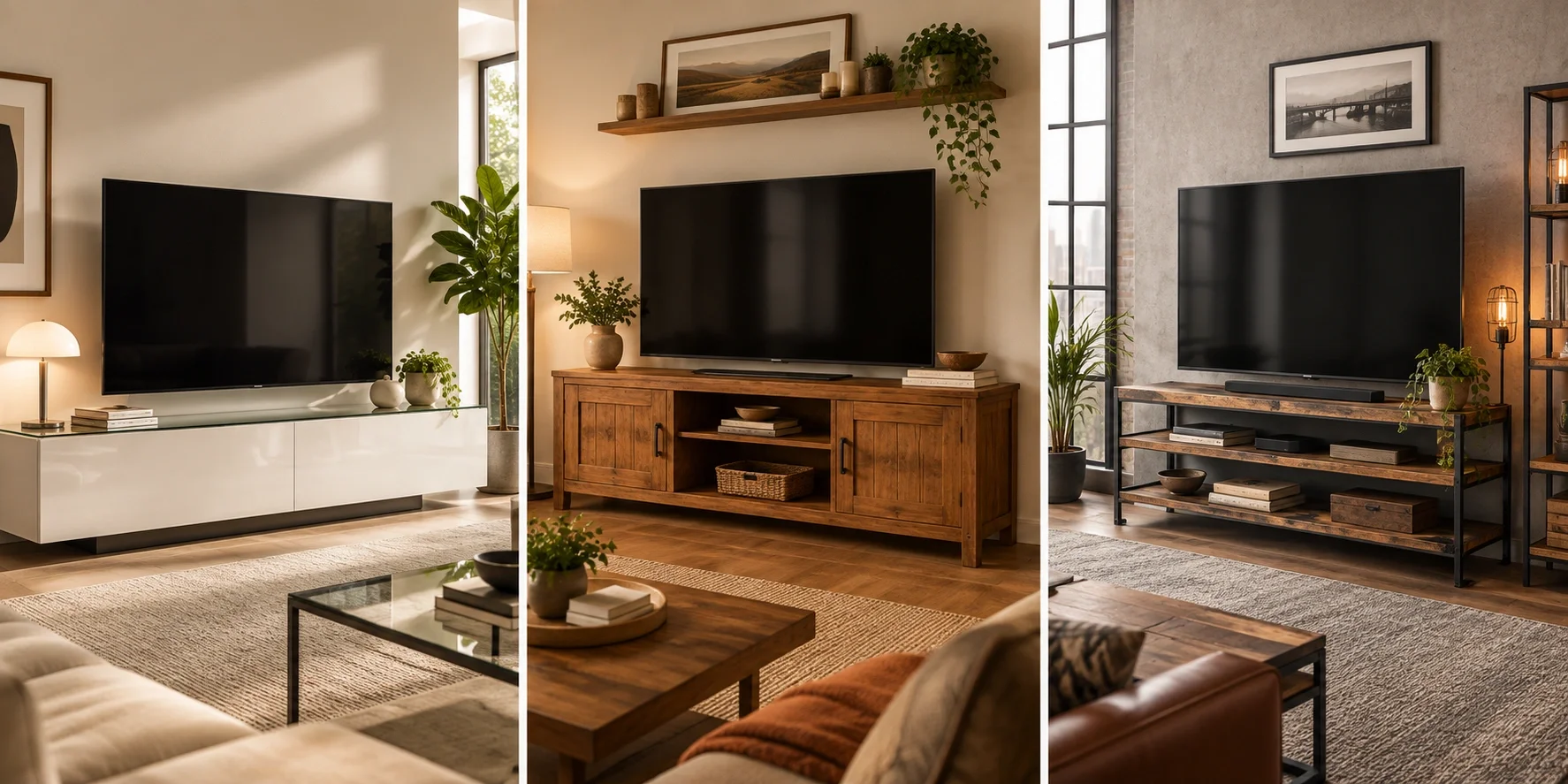 Different TV stand styles: modern, rustic, industrial, mid-century
