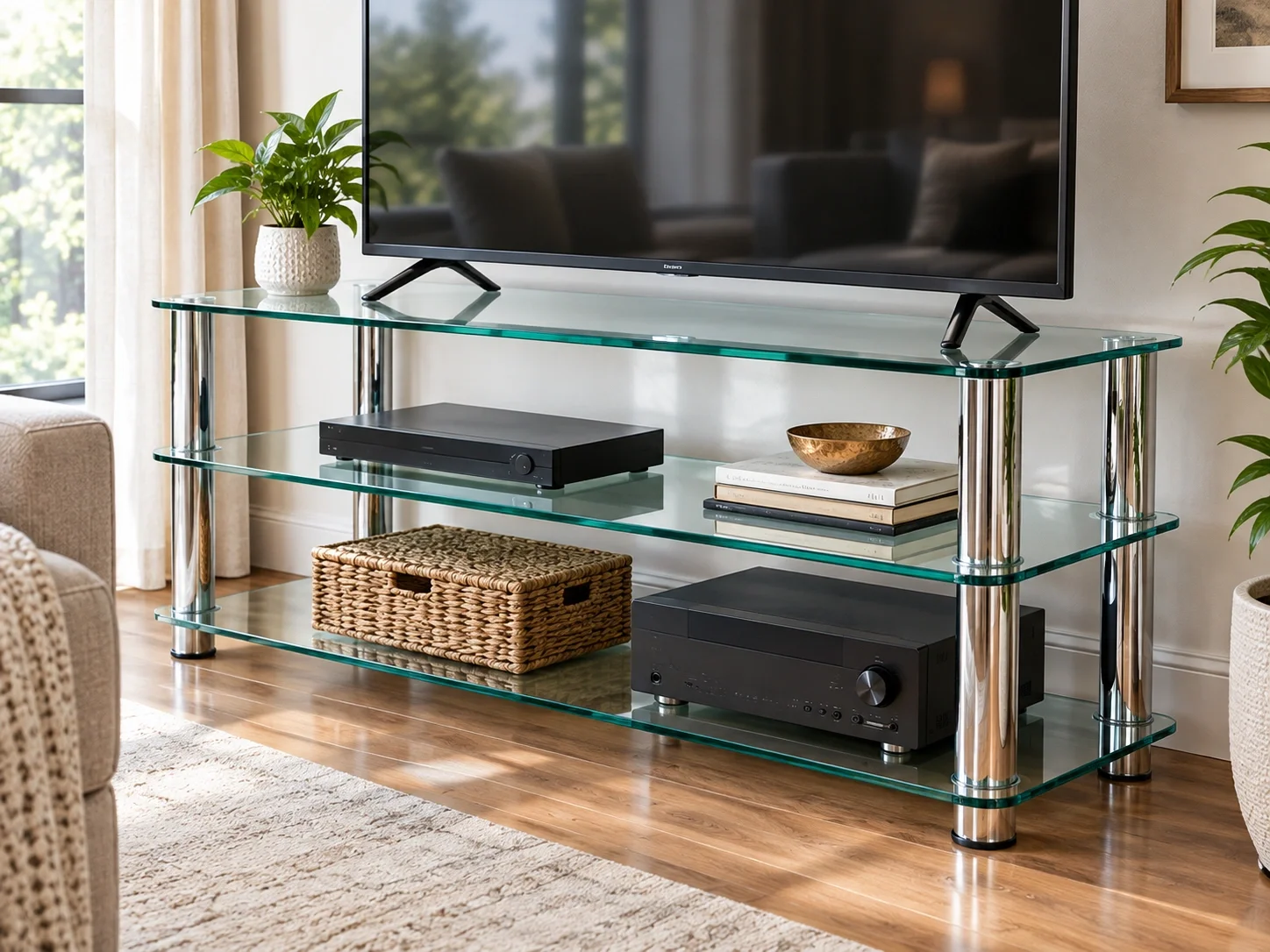 Glass TV stand with tempered glass and chrome legs