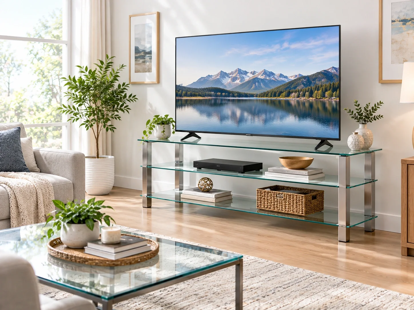 Modern glass TV stand with tempered glass shelves