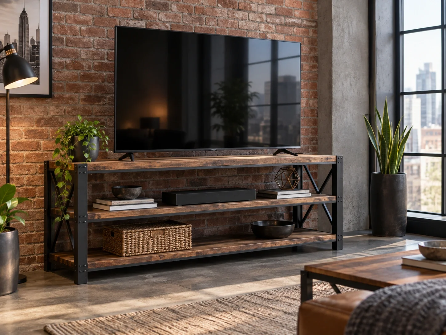 Industrial TV stand with metal frame and wood shelves