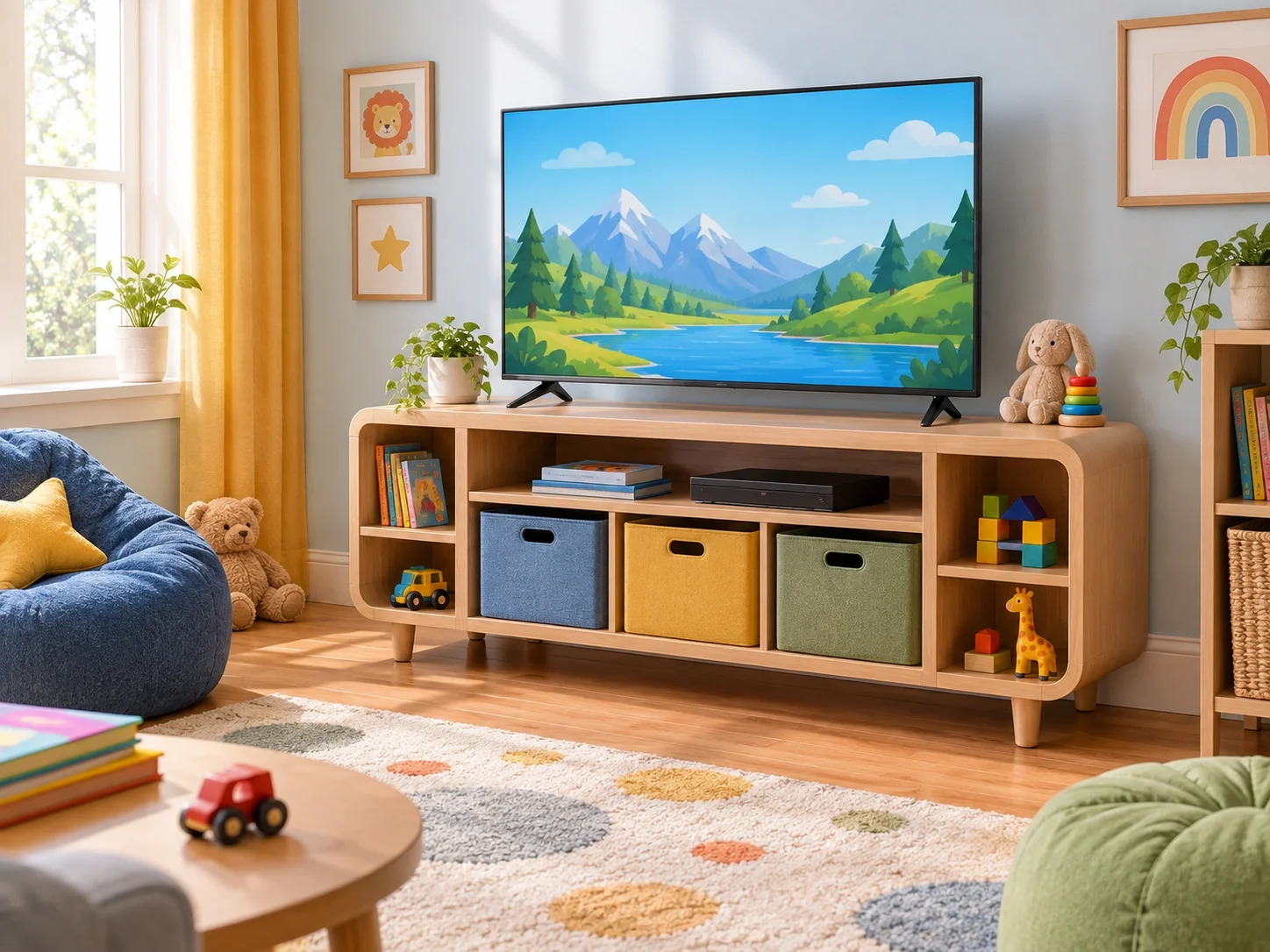 Kid-friendly TV stand with rounded corners and safety features
