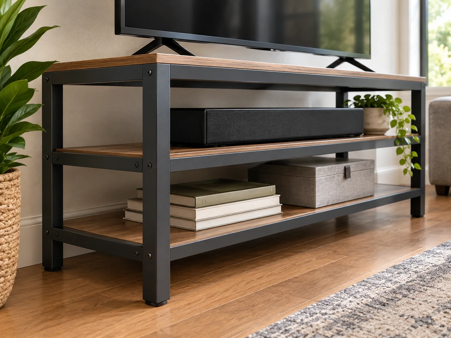 Sleek metal TV stand with powder-coated finish