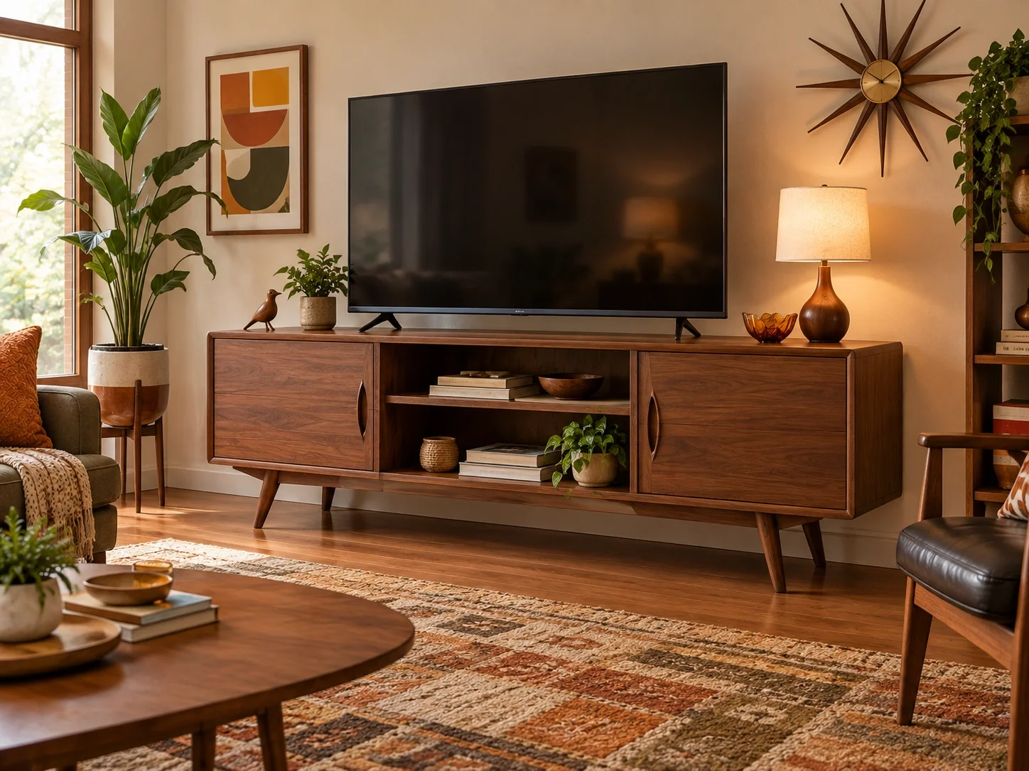 Mid-century TV stand with tapered legs and walnut finish