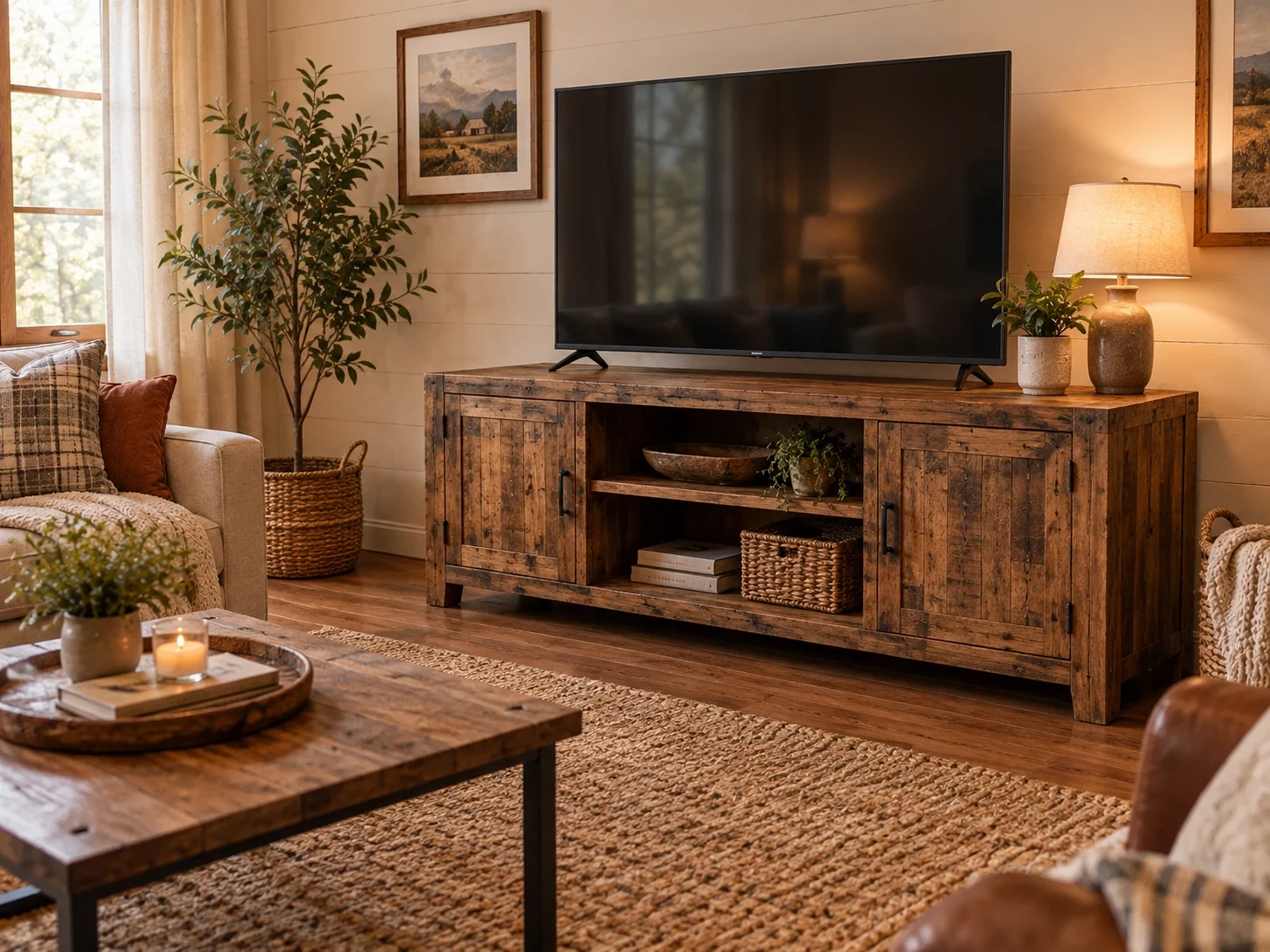 Warm rustic TV stand with reclaimed wood and barn door details