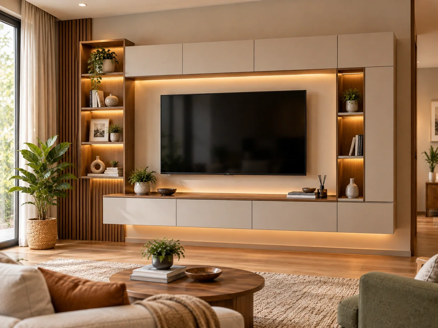 Wall mounted TV unit with integrated shelving