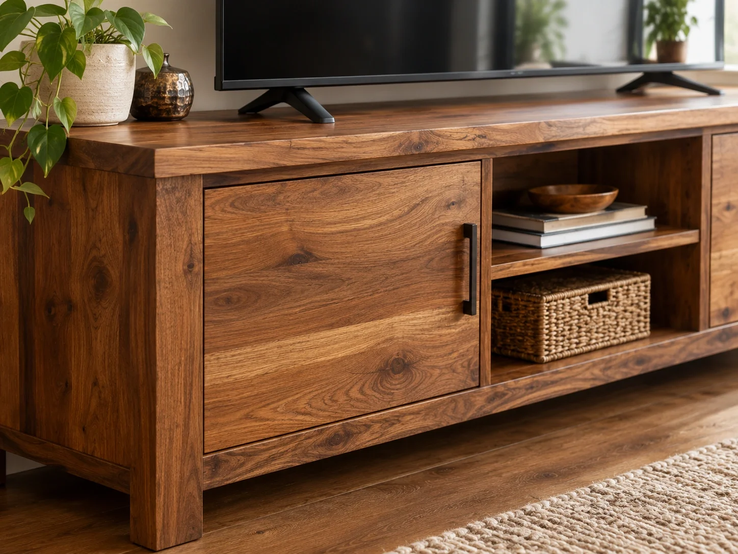 Solid wood TV stand with natural grain